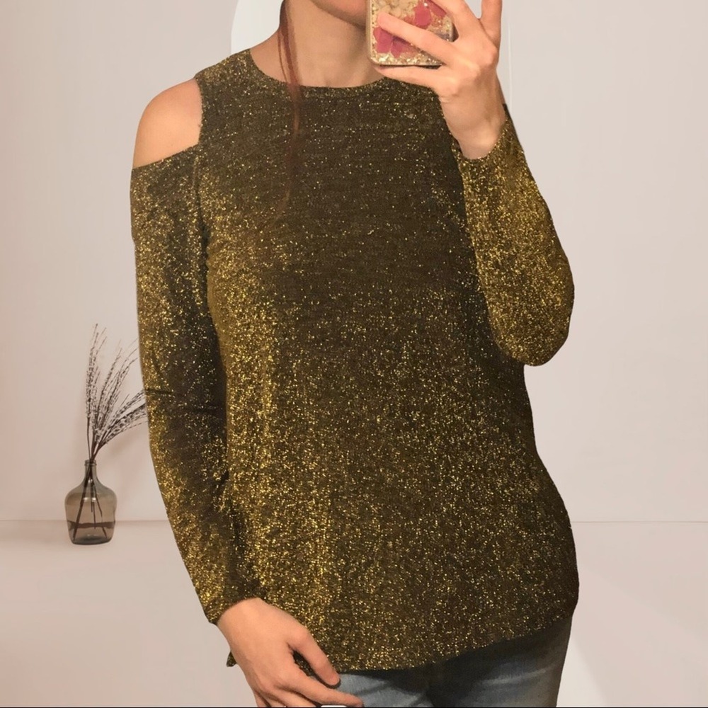 Michael Kors‎ Gold Metallic Elegant Long Sleeve Knit Cold Shoulder Top S NEW